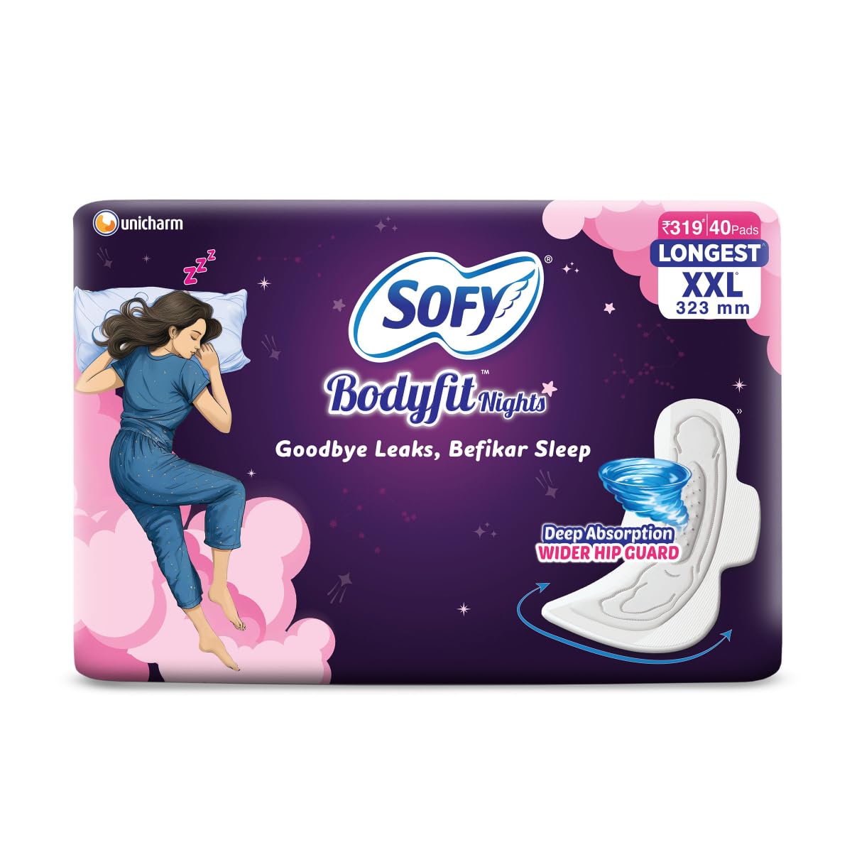 Sofy Women Bodyfit Longest XXL Sanitary Pads |Night Protection|Wider Hip Guard| Deep Absorption | Comfy dry cover| XX-Large, Pack Of 40