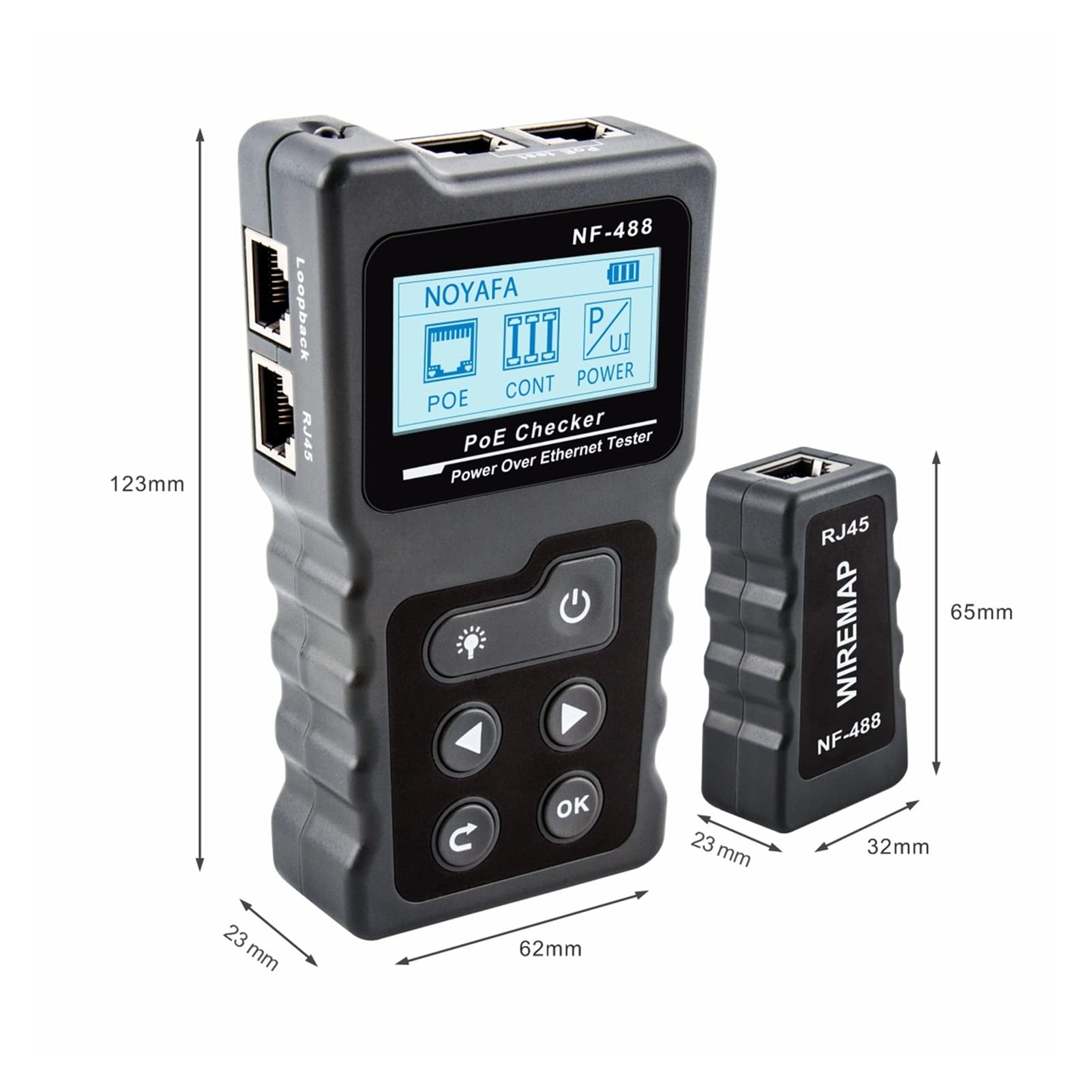 NF-488 LCD Tester de cable de red Tracker de alambre Poe Checker Inline Poe Voltaje y probador de corriente con probador de cables Para Ethernet y teléfono