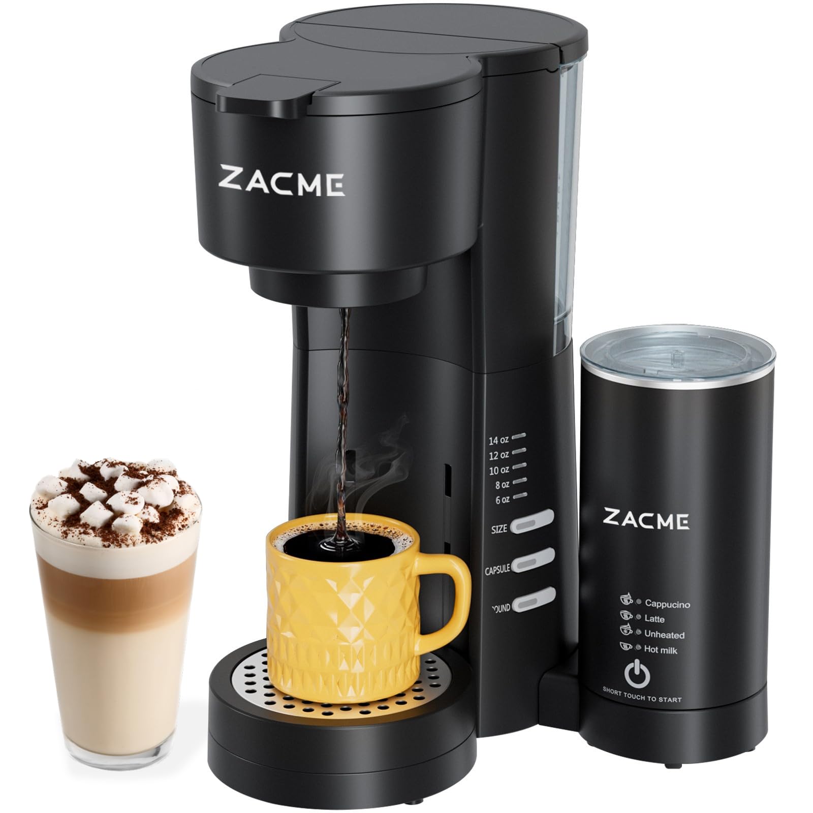 ZACME Single Serve Coffee Maker with Milk Frother Coffee Machine with Brewing Frothing System 28oz Water Tank Adjustable