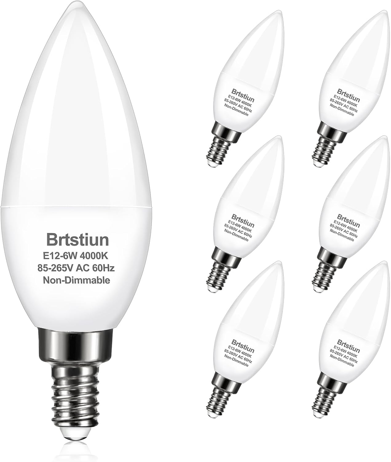 Brtstiun 6W E12 LED Ceiling Fan Light Bulbs, C37 Chandelier Light Bulbs, 4000K Neutral Daylight, 600 Lumens, Non-Dimmable, 6 Pack