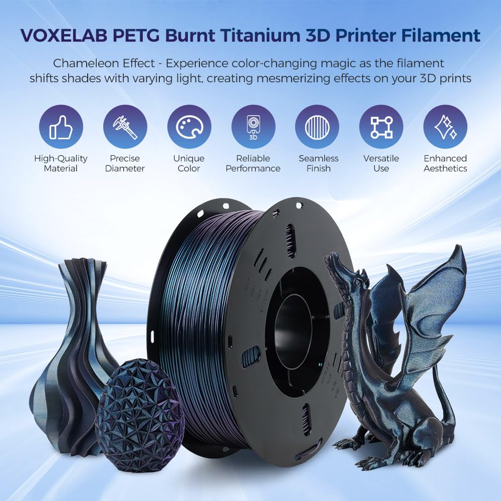 VOXELAB Filament do drukarki 3D Chameleon PETG zmieniający kolor, 1,75 mm, precyzyjna dokładność pomiaru +/- 0,02 mm, porządna szpula 1 kg, zmienia kolor pod światłem i kątem, PETG Burnt Titanium
