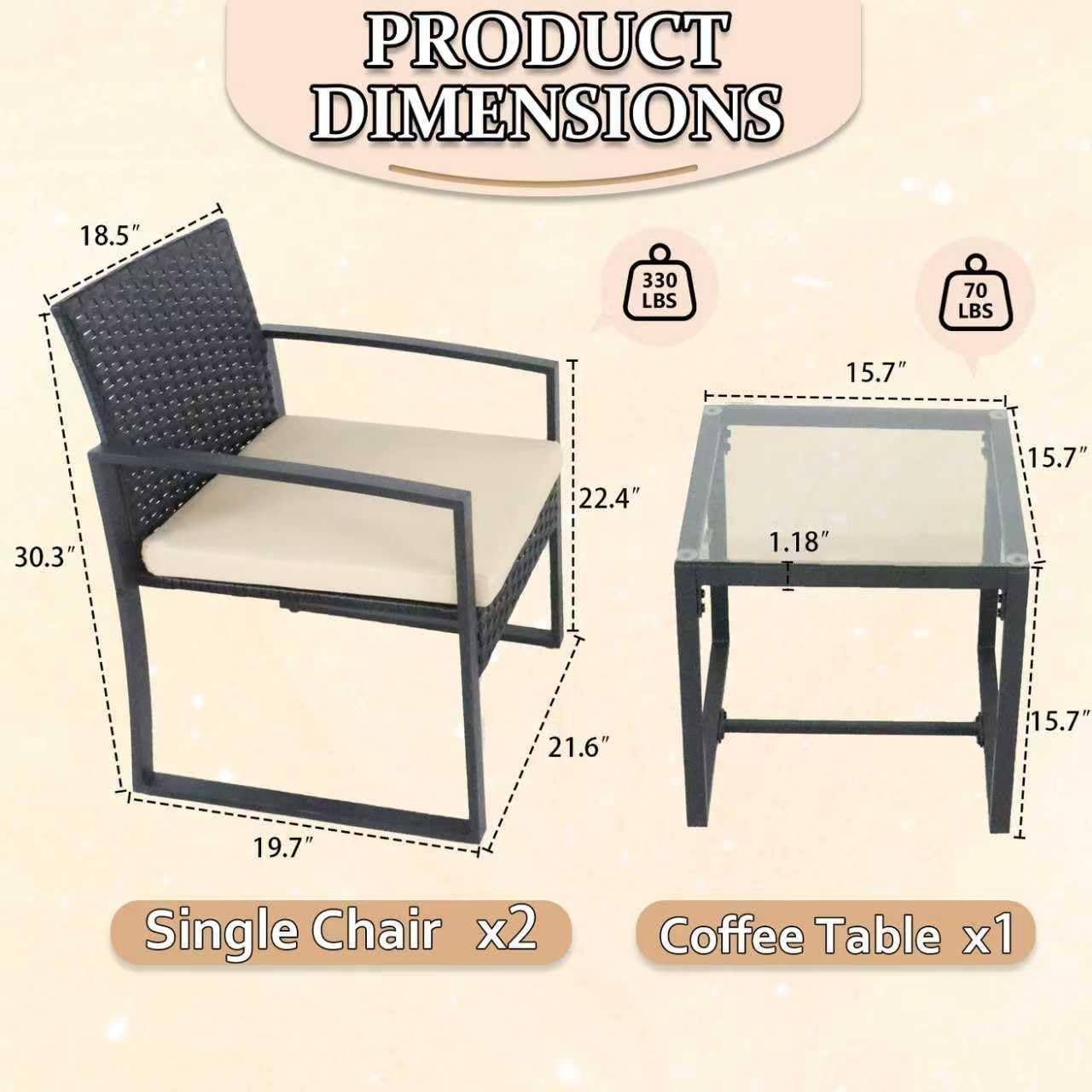 3-Piece Outdoor Patio Furniture Set, 2 PE Rattan Wicker Chairs with Beige Cushions & Glass Side Table, All-Weather Conversation Bistro Set for Backyard, Balcony, Deck (Gray-Black)