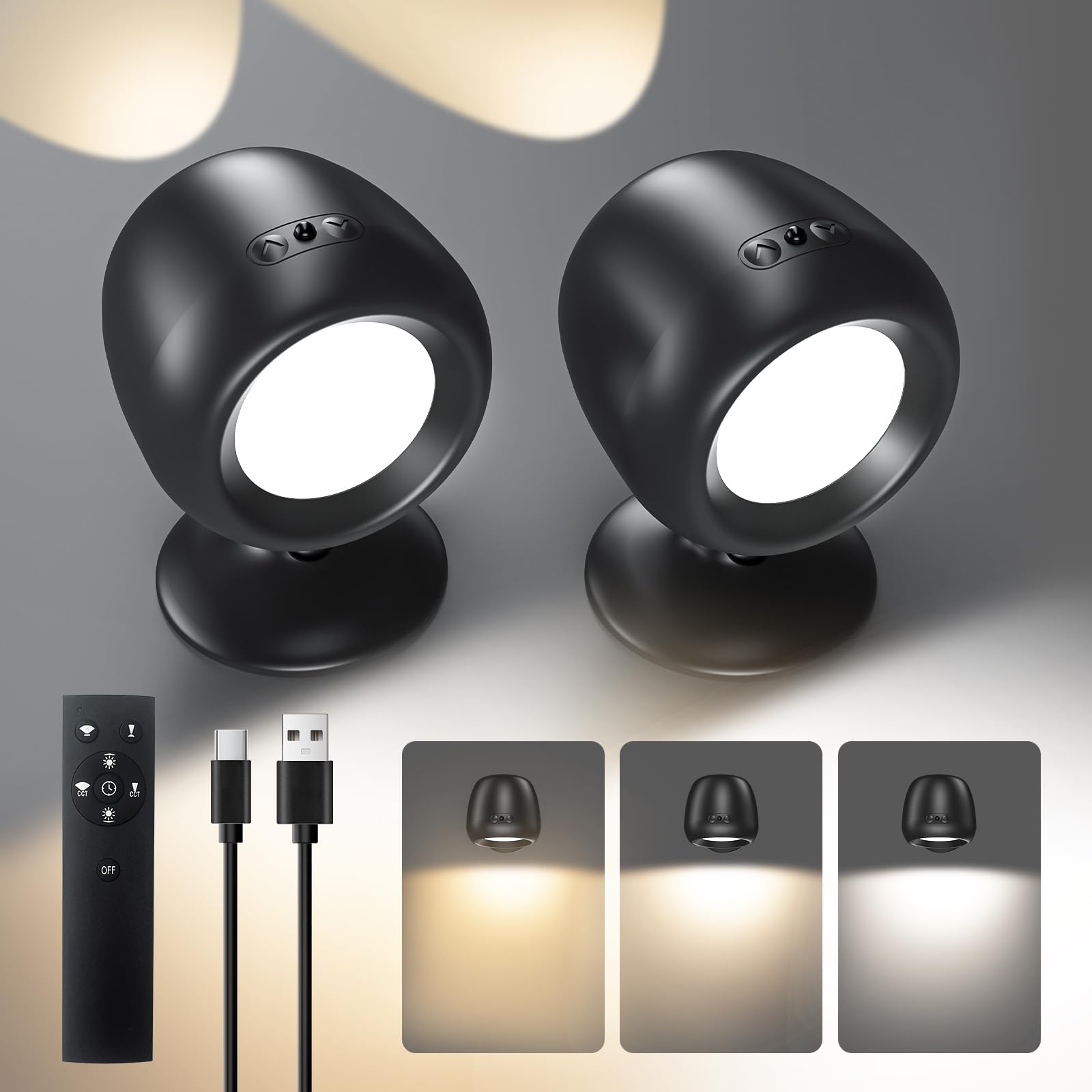 [2 Pack] Rechargeable LED Up and Down Wall Lights with Remote, 5000mAh Battery Wall Sconces Indoor, 3 Colour Temperatures, (Floodlight & Spotlight) Dimmable, self adhesive Wall Lamp for Bedroom