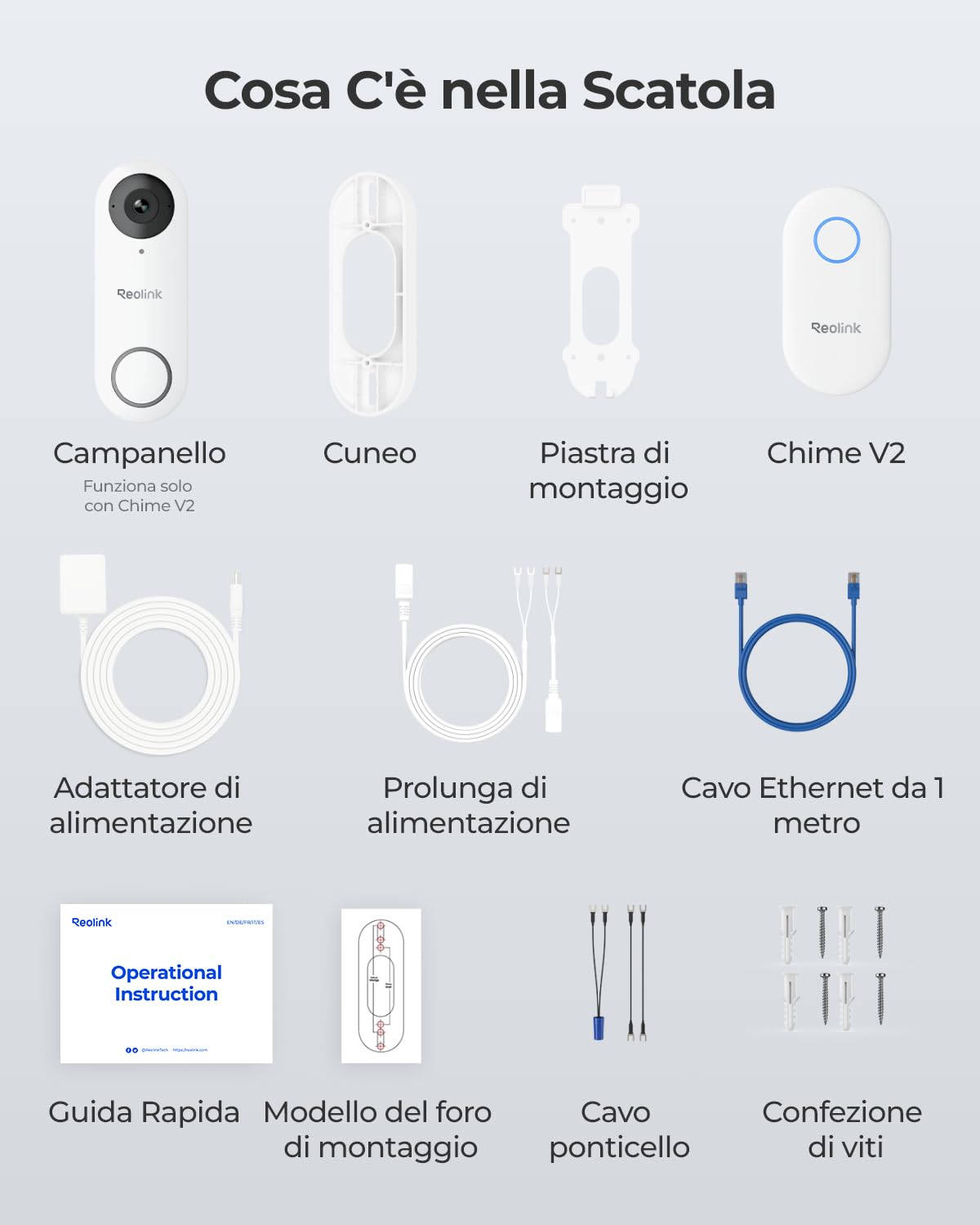 Reolink 2K cablato Videocitofono Wi-Fi 2,4/5 GHz con Chime, Visuale 180° 3:4 Testa-Piedi, Video Campanello, Rilevamento di Uomo/Pacco, Audio Bidirezionale, Video Doorbell Compatibile NVR, Bianco