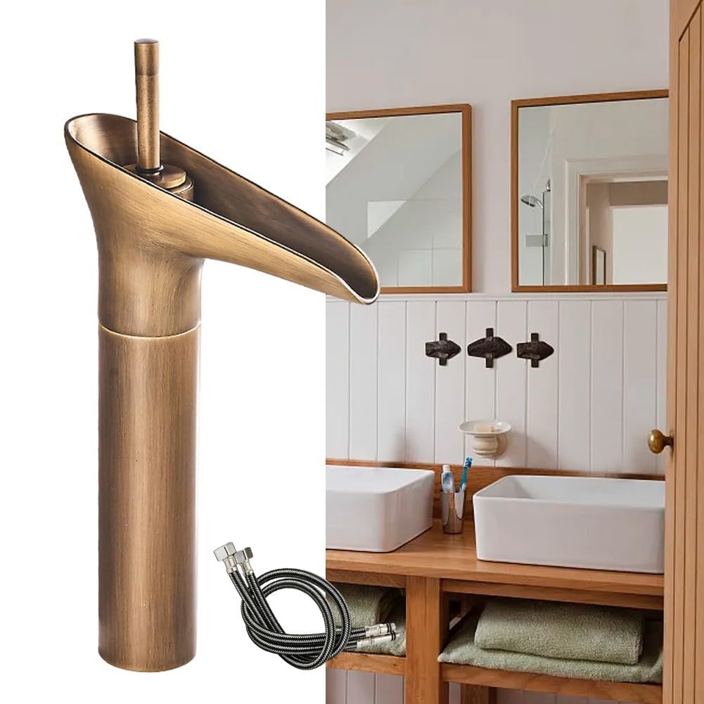 EasyByMall Robinet mitigeur de lavabo cascade, robinet d'évier de salle de bain, robinet de tasse à vin en cuivre, robinet mélangeur de lavabo chaud et froid, robinet à levier unique en laiton