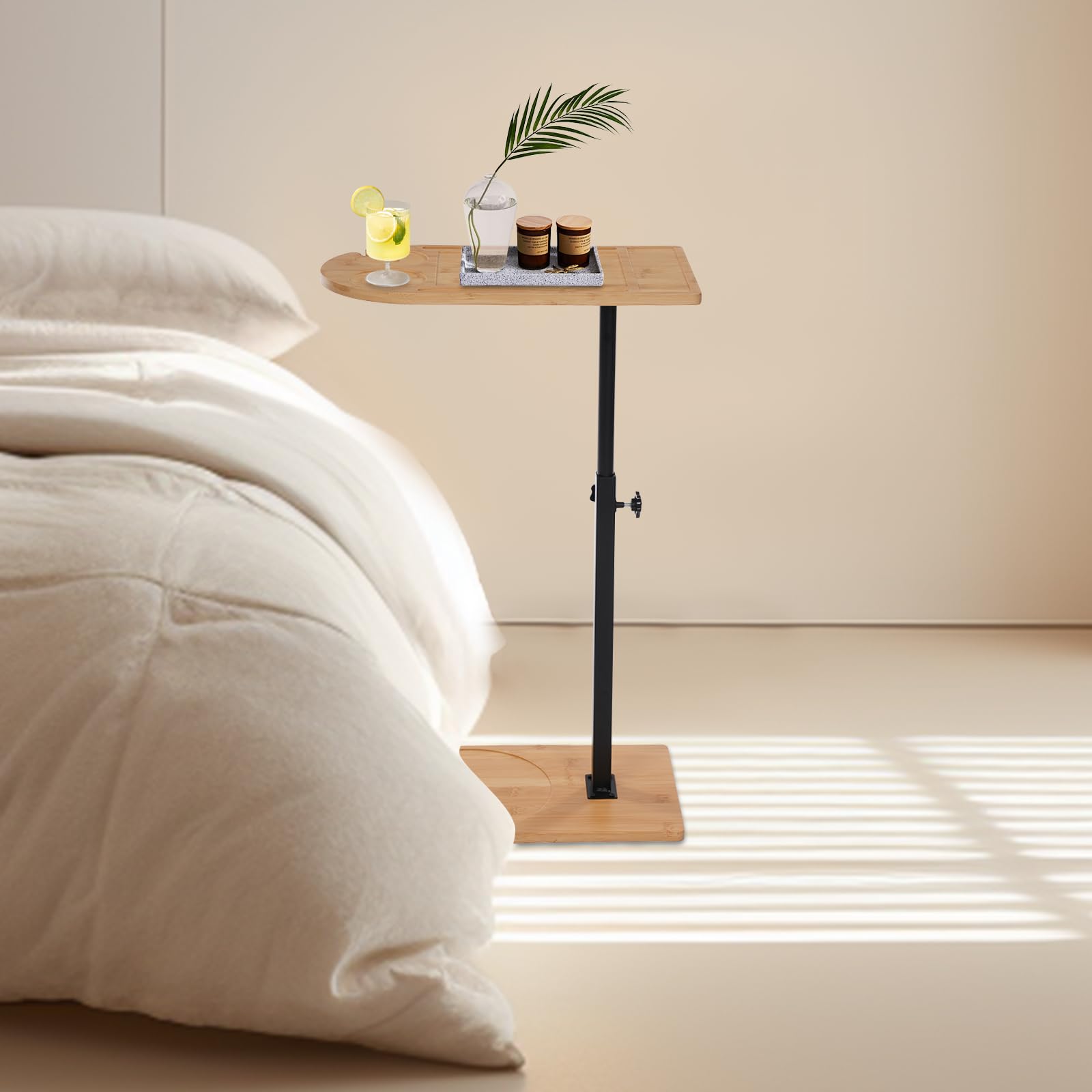 Tavolini a forma di C, Tavolino Laterale Girevole a 360° Regolabile in Altezza, Tavolino da Letto in Bambù Comodino per soggiorno e camera da letto