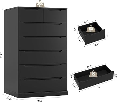 Miniatura 3 de HITHOS Cómoda de 7 cajones de 51" de alto, cómoda negra moderna, cómodas y cajoneras de madera con tiradores recortados, cajonera vertical, cómodas