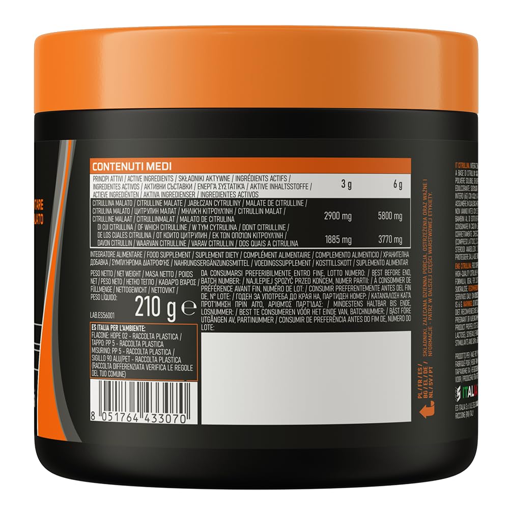 Citrullina EthicSport – Citrullina Malato 2:1 di alta qualità – Polvere solubile o Capsule vegetali – gluten free, vegan friendly – doping free tested* - Barattolo da 210 g