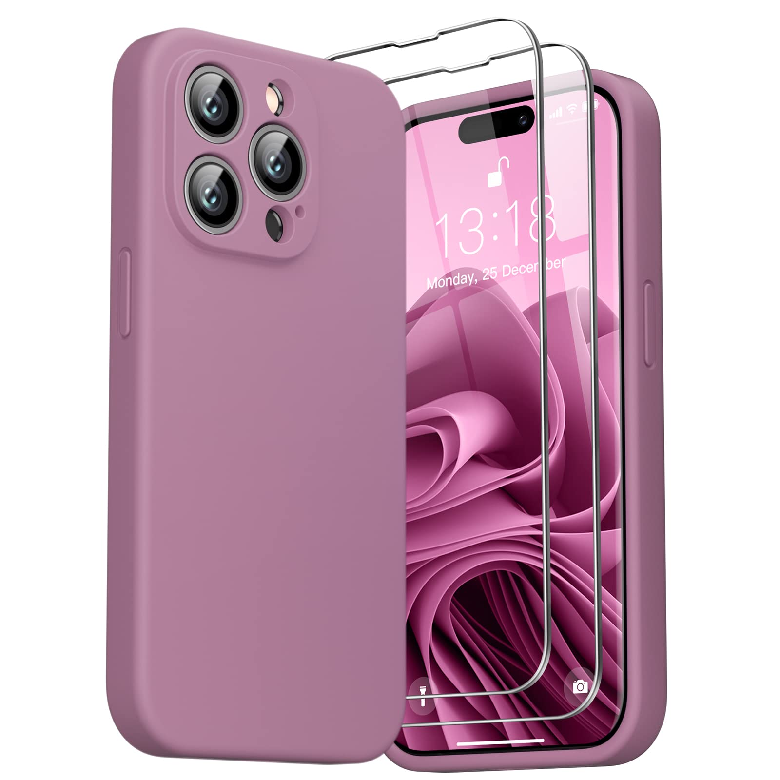 GOODVISH 3 in 1 Liquid Silikon Hülle für iPhone 14 Pro Hülle, Pink Lila | mit 2 Stück Schutzfolie, Stoßfester Kratzfestem Handyhülle 360° Schutzhülle Soft Mikrofaserfutter Schutz Case 6.1"