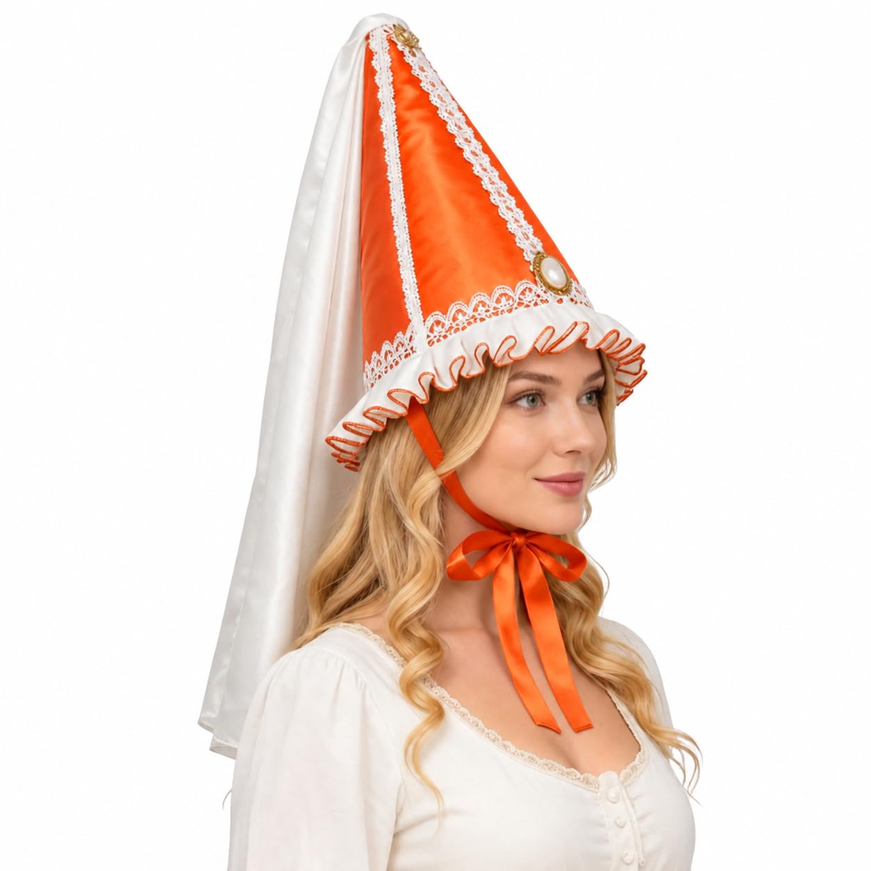 Women Medieval Hennin Cone Hat with Veil, Renaissance Princess Headdress Tall Cone Cap with Pearl and Gold Trim for Costume, Faire and Theatrical Dress (Orange, One Size)