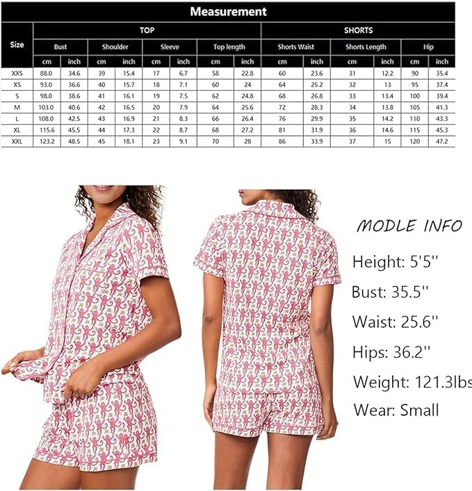 Womens 2 Piece Pajamas Set, Monkey Print Soft Button Down Vacation Beach Shorts Set Y2k Preppy Loungewear Pjs - Image 6