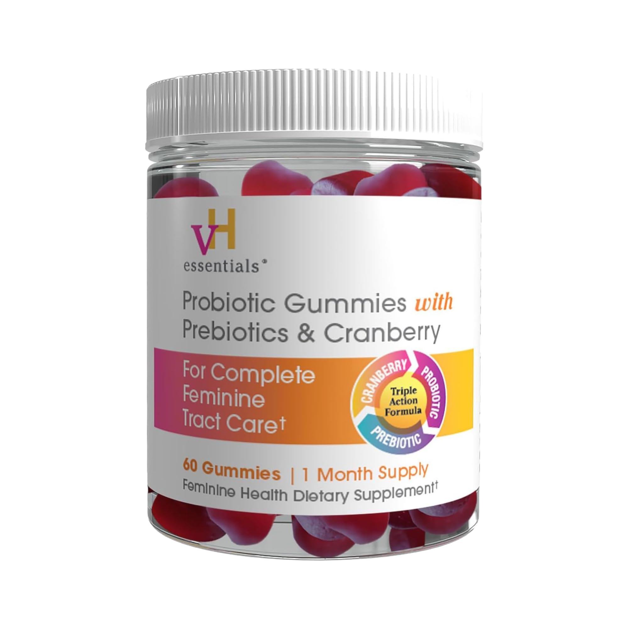 vH Essentials Probiotic Gummies with Prebiotics & Cranberry, Concentrated Extract for Urinary Tract Health, Supports Vaginal Microflora Balance for a Healthy Feminine Tract, 60 Count
