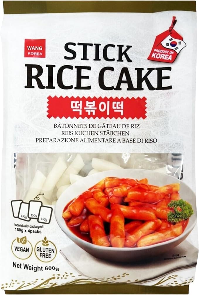 Korean Rice Cake Snacks, Wang Korean Rice Cake Tteokbokki Topokki 600g | Gluten Free & Vegan Friendly (PACK 1, Stick cake - 4packs x 150g)