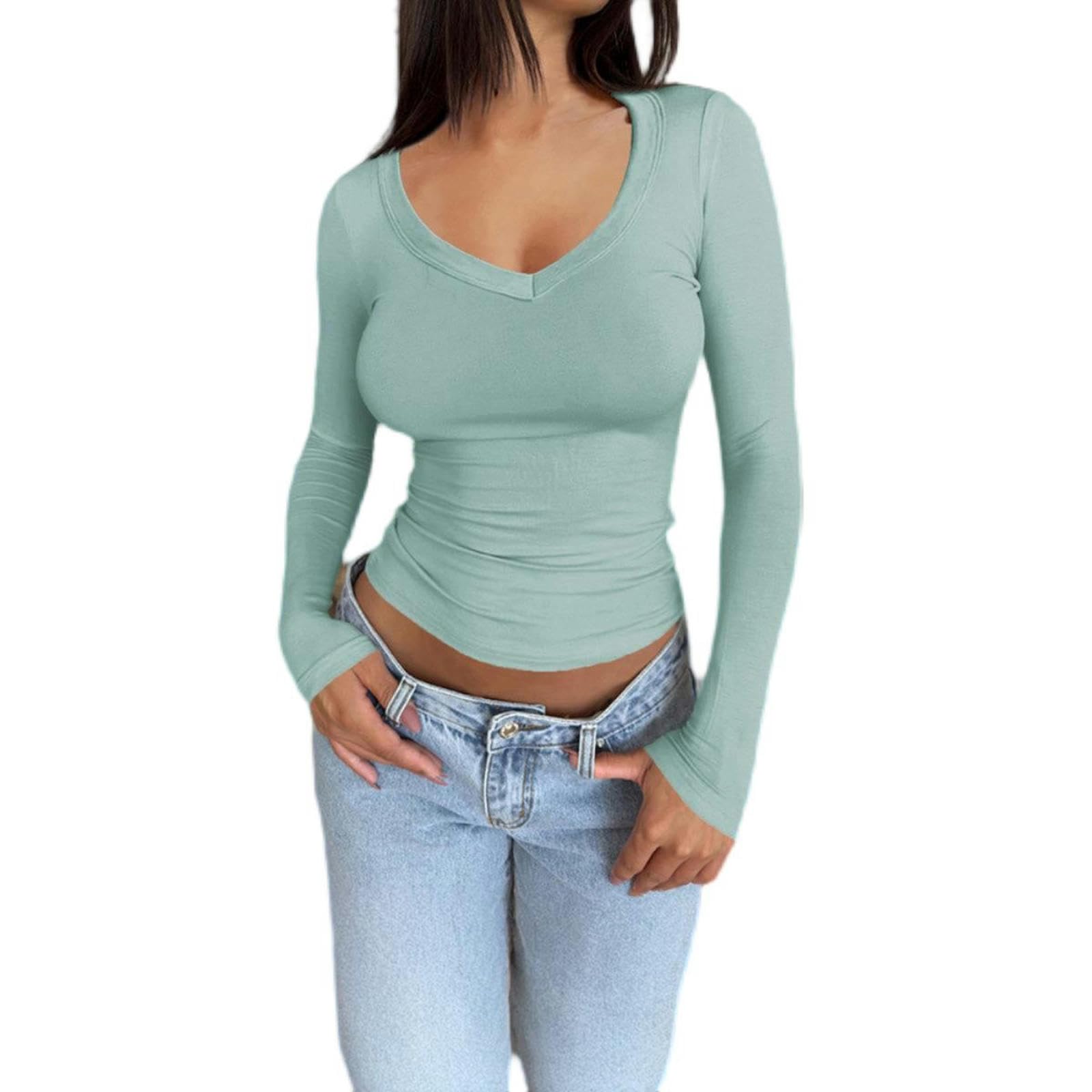 Blusa de Manga Larga con Escote en U para Mujer, Estilo Primavera-Verano, Color Verde Claro, Talla M