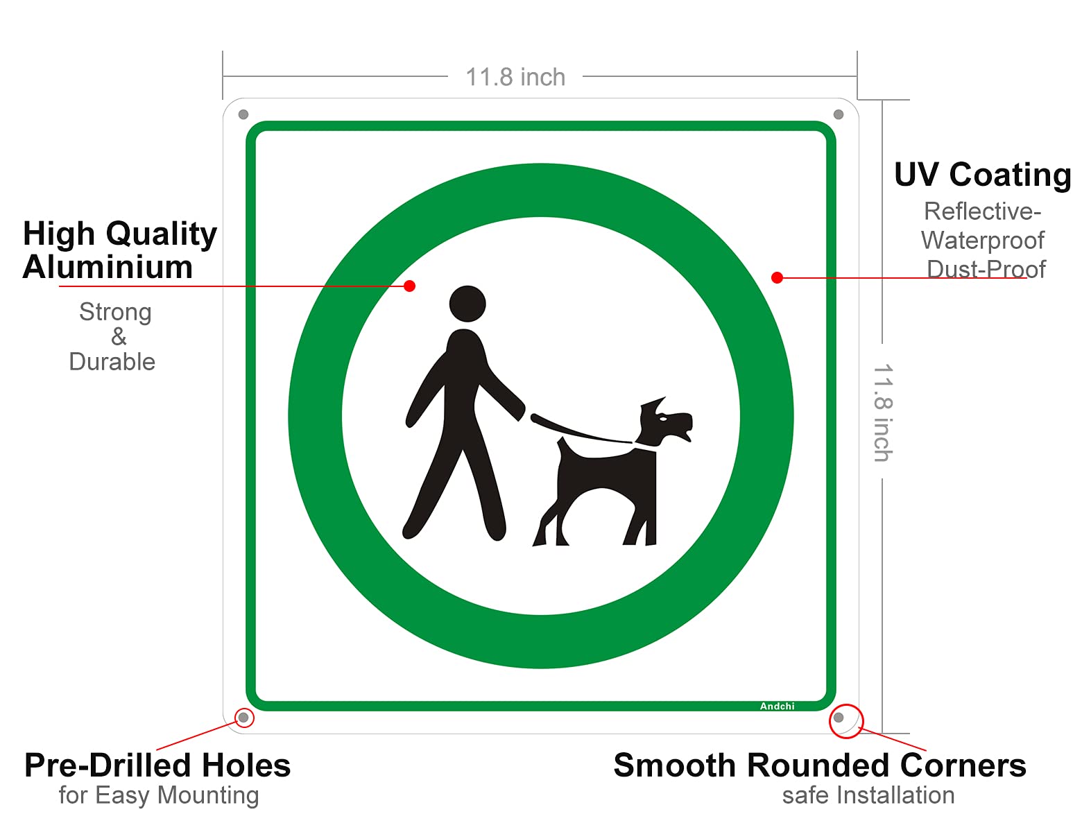 Andchi 2 pezzi cartelli Tieni il cane al guinzaglio per tenere i cani al guinzaglio cartello, cartello rettangolare in metallo e alluminio, dimensioni 300 x300 mm
