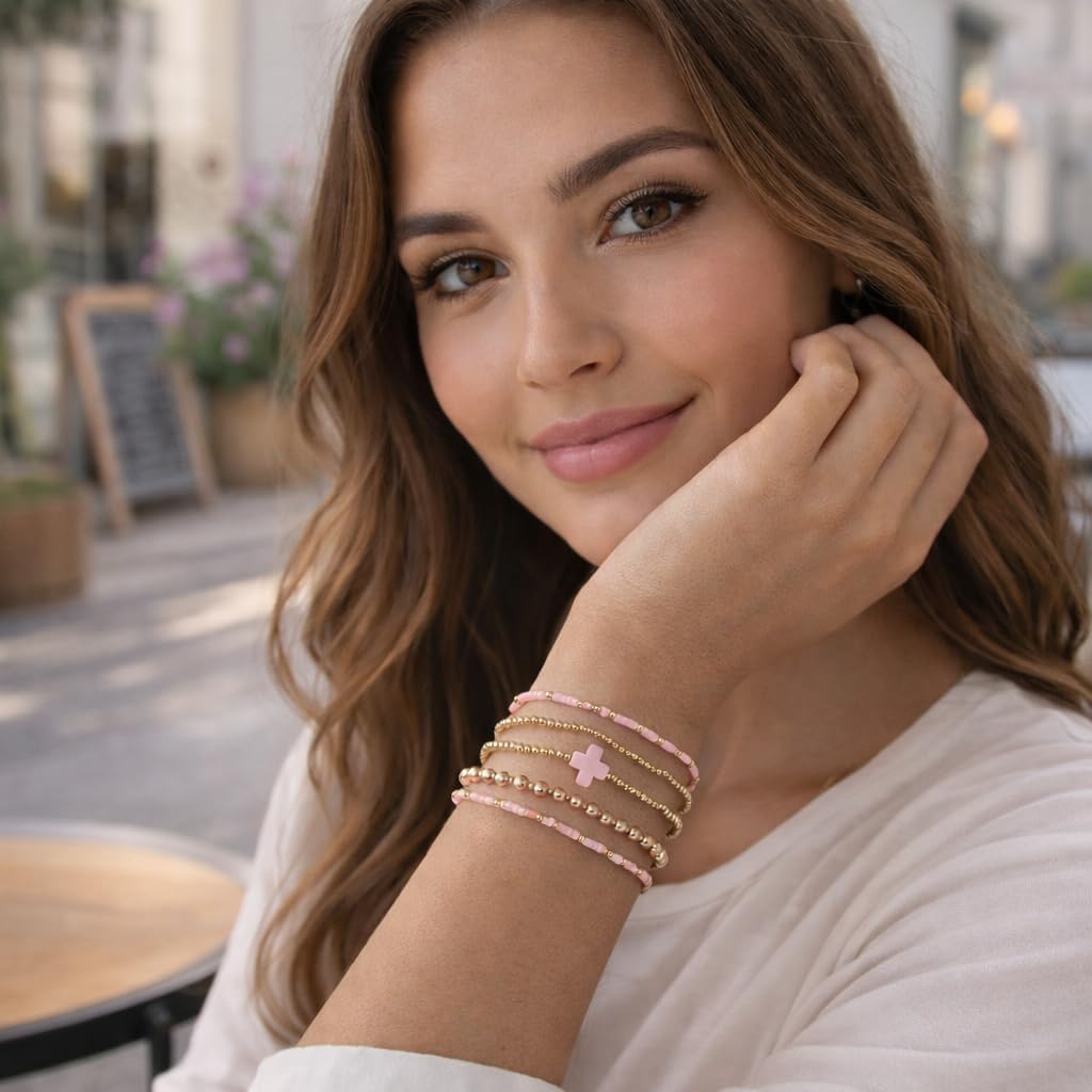 Cross Bracelet Stack for Women, 14K Gold Plated Beaded Jewelry Set image 4