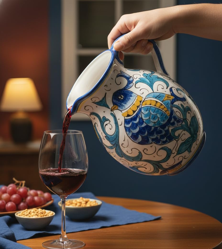 CERAMICHE D'ARTE PARRINI - Italian Ceramic Pottery Art Pottery gal 0,264 Pitcher Vino Vine - water 0.2 Gal Hand Painted Pattern Birds Made in ITALY Tuscan