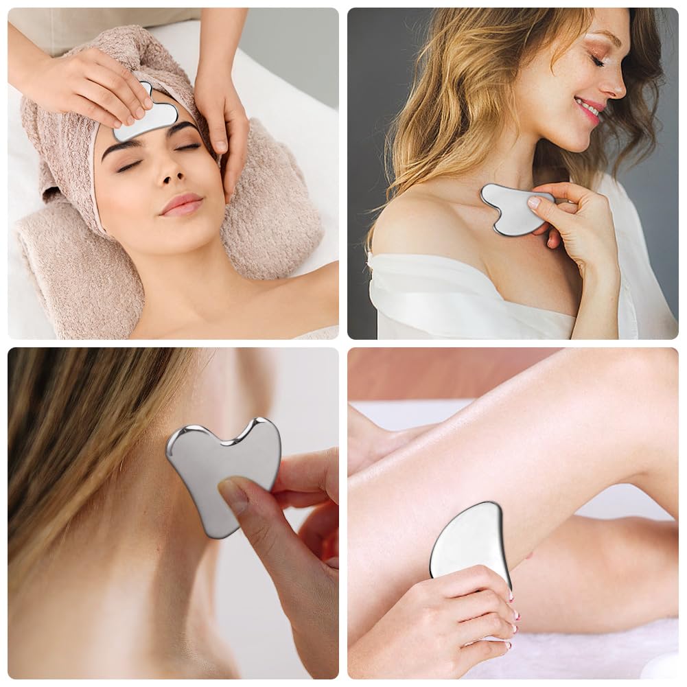 URAQT Gua Sha narzędzie do masażu, deska Gua Sha ze stali nierdzewnej, narzędzie do twarzy Gua Sha, do rzeźbienia szczęk i redukcji obrzęków, metalowa Gua Sha do masażu twarzy