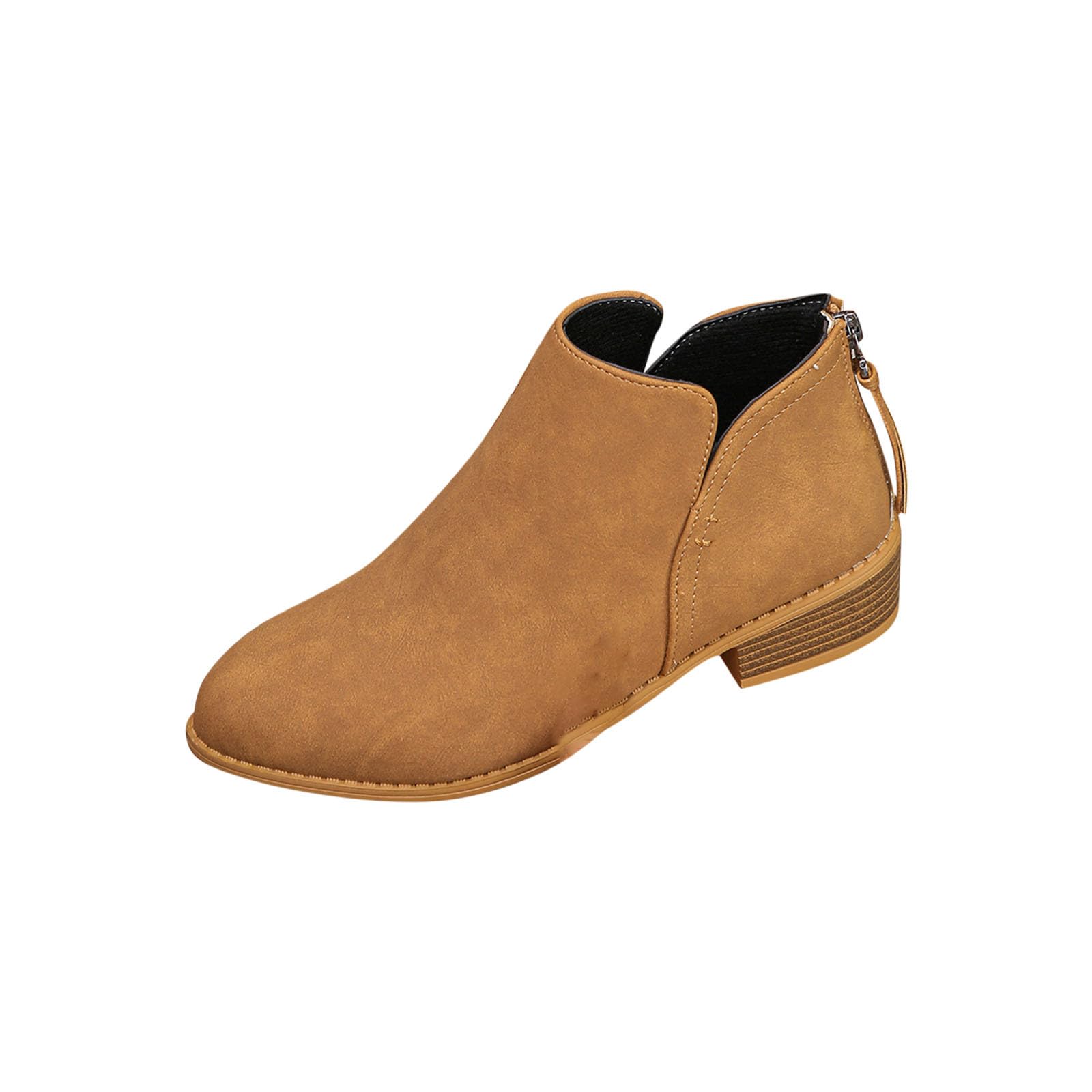 Ankle Booties for Women Dress Low Heeled Boots V Cut Fashion Thick Heel Design Shoes Zip Up Western