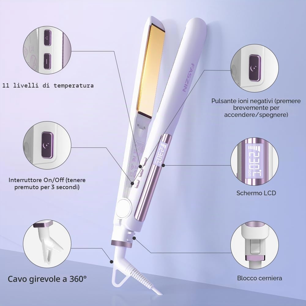 Faszin Piastra per capelli 2 in 1, per arricciare e lisciare, piastre in titanio agli ioni per uno stile liscio, riscaldamento rapido in 20 secondi, pannello galleggiante 3D che impedisce la trazione