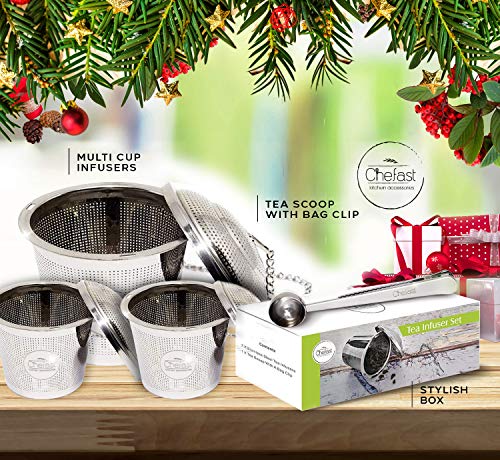 Chefast Tea Infuser Set (2+1 Pack) - Combo Kit of 1 Large and 2 Single Cup Infusers, Plus Metal Scoop with Clip - Reusable Stainless Steel Strainers and Steeper for Loose Leaf Teas - Thumbnail 2