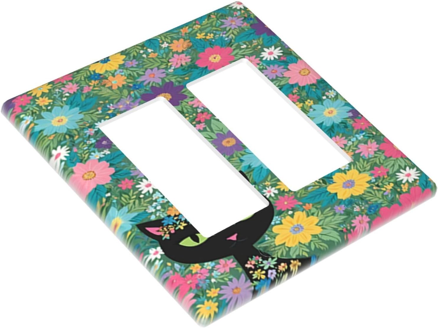 Decorative Outlet Covers Funny Black Cat in the Colorful Flowers 2 Gang Wall Plate Double Rocker Two Switch Wall Cover Plate Jumbo Dual Electrical GFCI Face Plate for Bedroom Home Decor image 3