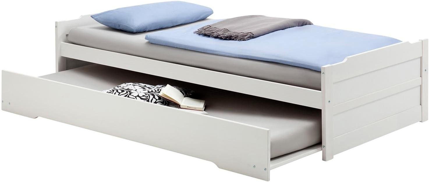 Lit Gigogne Lorena 1 Personne Tiroir Lit Fonctionnel 90 X 190 Cm Pin Massif Lasure Taupe Et Blanc