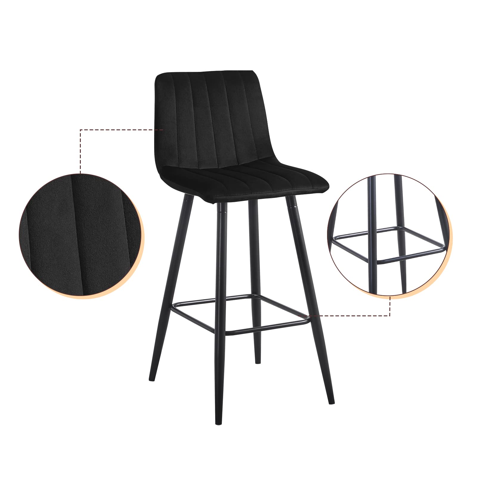 TUKAILAi Bar Stools Set of 2 with Velvet Covered Backrest and Metal