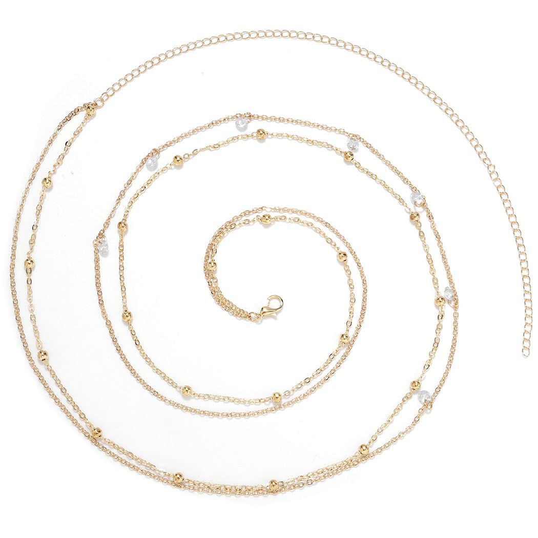 ELABESTLayered Beaded Waist Chain Beads Belly Chain Crystal Stomach Chain Rhinestone Body Jewelry Accessories for Women and Girls (gold)