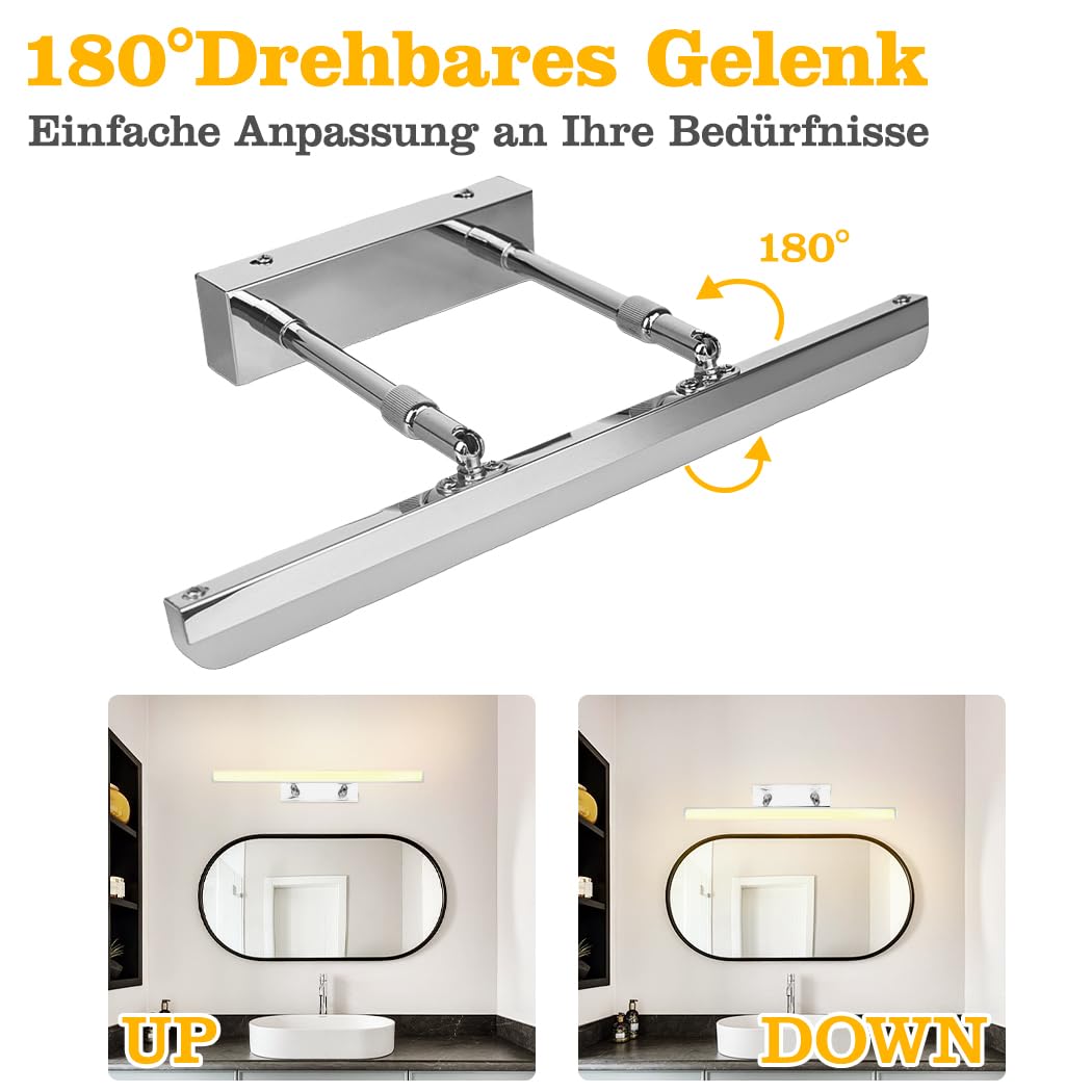 Spiegelleuchte Bad 40cm,9W Spiegelleuchte mit Verstellbarem Winkel | Drei Einstellbare Farbtemperaturen,800LM IP65 Moderne Spiegellampe Badezimmer,Teleskopstange,Rasur und Make-up Schlafzimmer