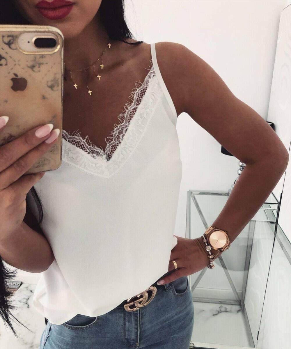 AMINIY Summer Women Satin Silk Lace Tank Tops Vest Blouse Female