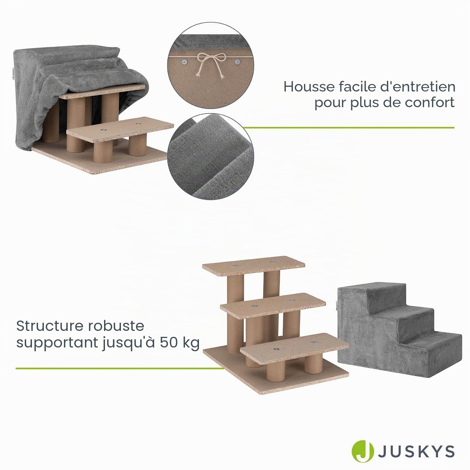 Juskys escalier pour Animaux de Compagnie escalier pour Chiens 36 cm - 3 marches Housse en Peluche Lavable - escalier pour Chats Rampe pour Chiens pour lit, canapé, Divan et Voiture - Housse Grise
