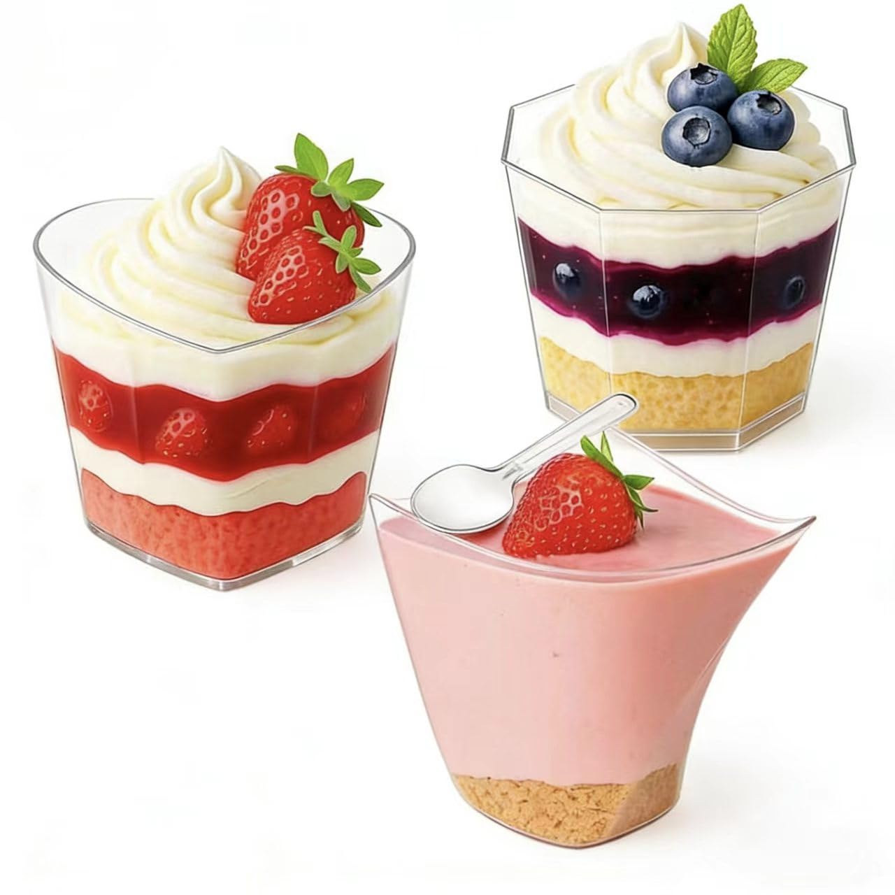 YUEONEWIN 75 Stück Dessertgläser Plastik, 150ml(5oz) Dessertbecher Plastik mit Löffel- 3 Verschiedene Designs, Wiederverwendbar Desert Becher für DIY Desserts Mousse Eiscreme Pudding Party Picknick