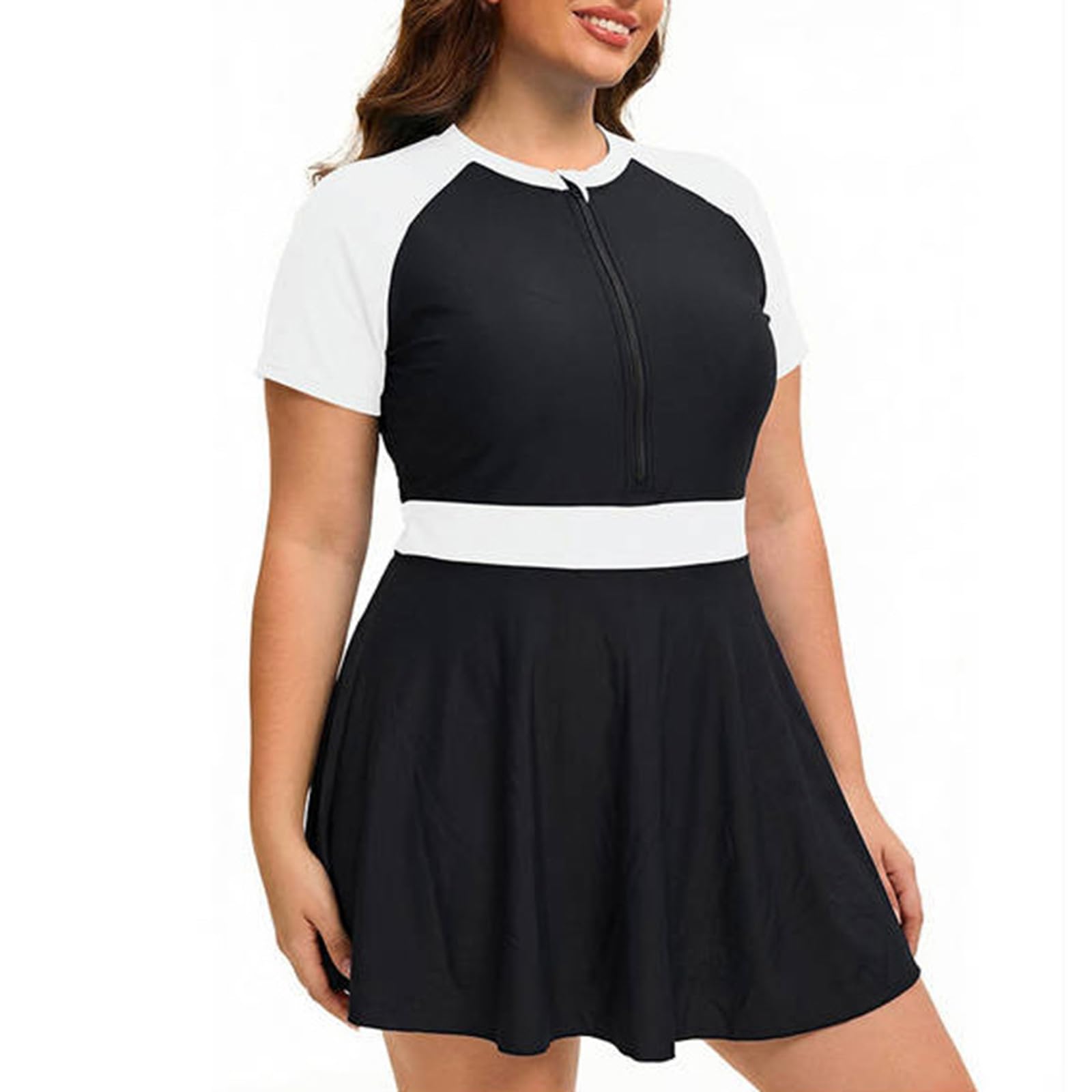 Traje baño Vestido Talla Grande Manga Corta Cremallera Shorts Mujer Dos Piezas