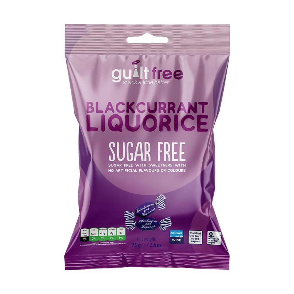 Guiltfree Sugar Free Blackcurrant and Liquorice Sweets Retro Classic Sweet Hard Boiled Hard Sweets | for Diabetic Gift Hamper Basket Available - Perfect for Gifting | 1 x 75g Resealable Pack