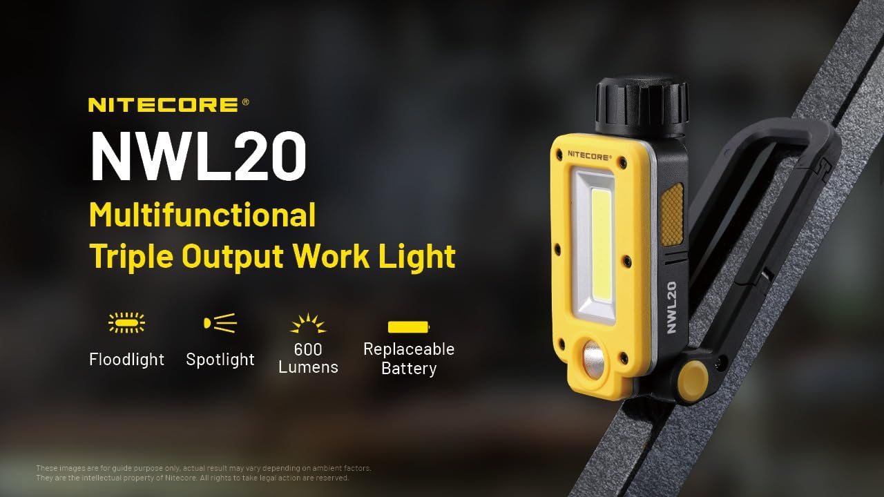 Nitecore NWL20 Multifunctional Triple Output Work Light highlighting Floodlight, Spotlight, 600 Lumens, and Replaceable Battery