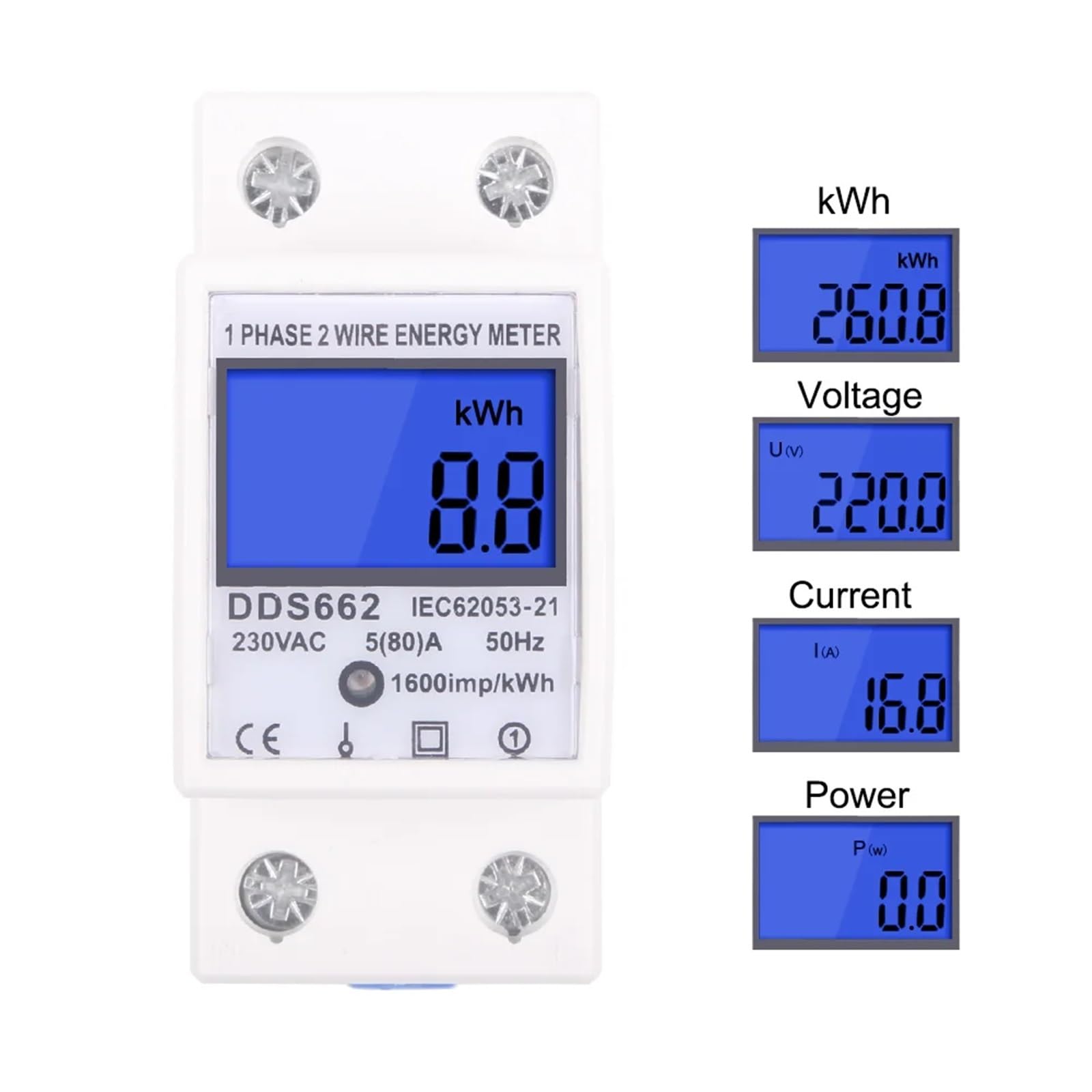 AC 230V Single Phase Two Wire LCD Digital Display Wattmeter Power Consumption Energy Electric Meter kWh 50Hz Din Rail DDS662(with Backlight)