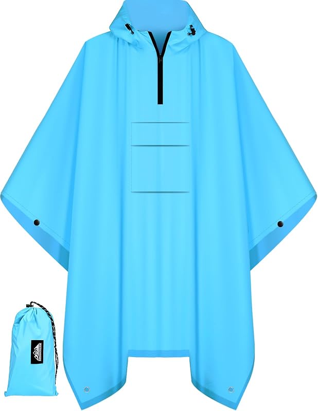 Bruvoalon 3-in-1 Rain Poncho with 1/4 Zip & Chest Pocket, Waterproof, Sunshade, Ground Mat for Adults & Youth Emergency