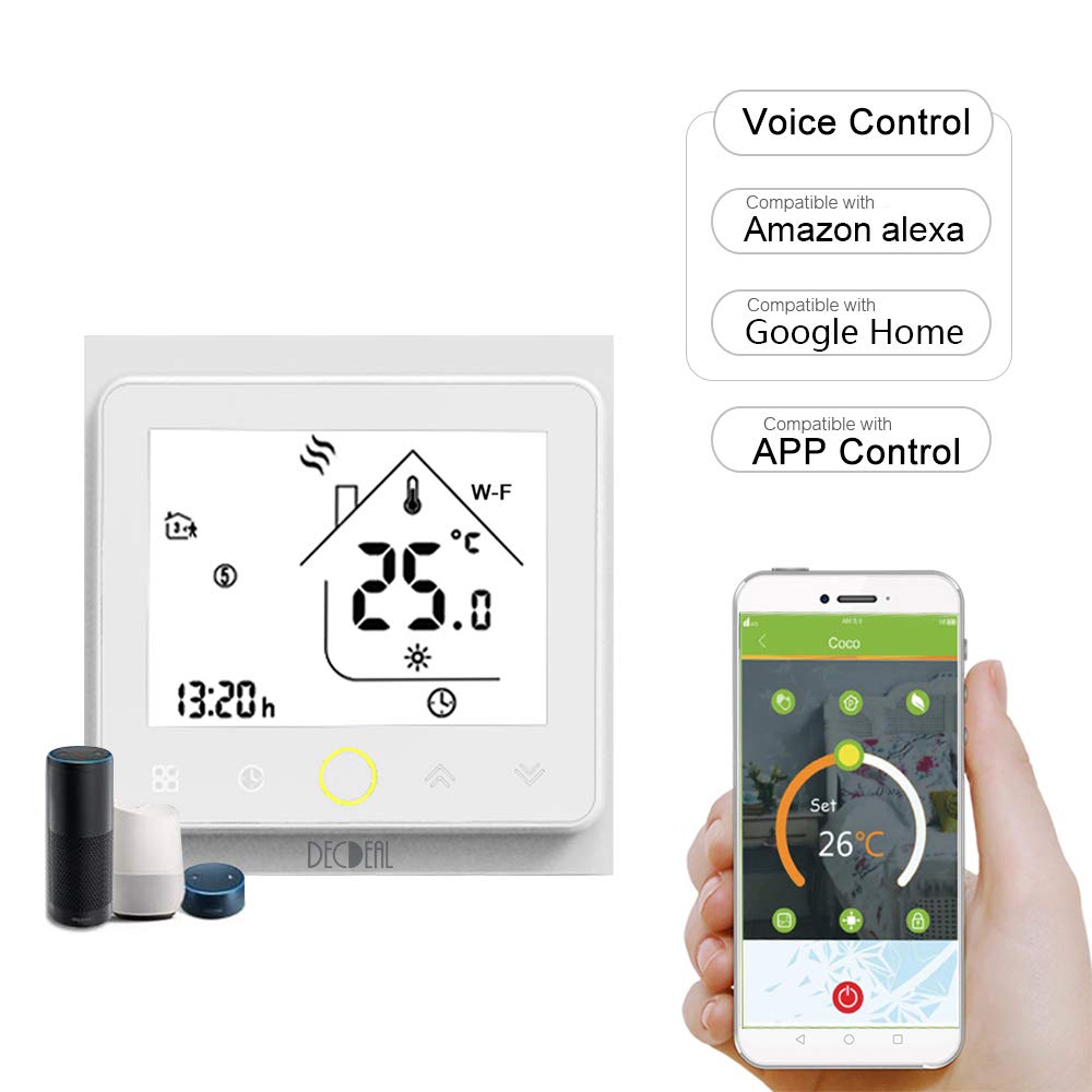 Decdeal Termostato WiFi per Caldaia a Gas,Termostato caldaia Programmabile,Supporto App/Controllo Vocale, Compatibile con Alexa/Google Home（5A）-Bianco