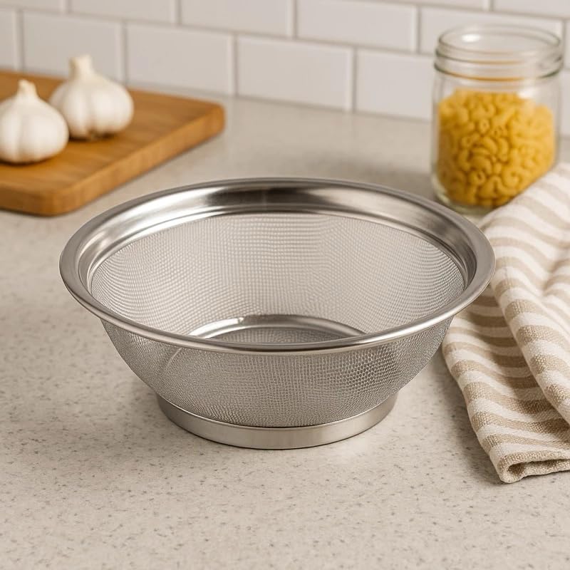 Escorredor de Aço Inoxidável com Malha Fina, 20 cm de Diâmetro, com Pé, para Lavar Arroz,