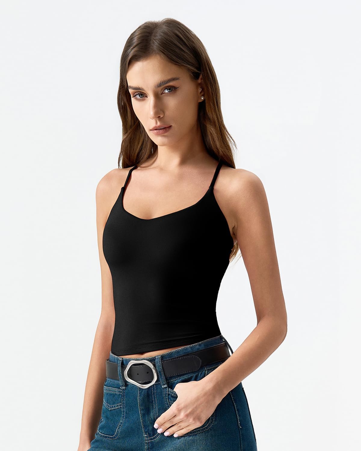 QINSEN Womens Cross Back Tank Top V Neck Double Lined Camisole Top Sleeveless Spaghetti Strap Going Out Tops - Image 2