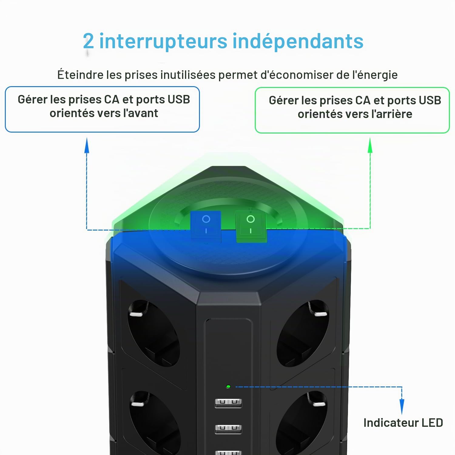 TOPREK Tour Multiprise avec Interrupteur Parafoudre, 12 Prises, 5 USB, Cube