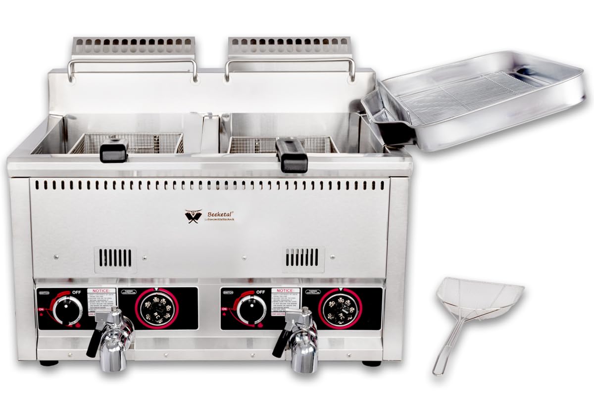 Beeketal Profi Gasfritteuse BGF-13P – Edelstahl Gastro Doppel-Fritteuse 2x 22L (Öl 2x 15L), 7,4 kW LPG Propan/Butan Stand-/Tischgerät mit Kaltzone und Ablaufhahn, inkl. 2 Körbe & Schaumlöffel