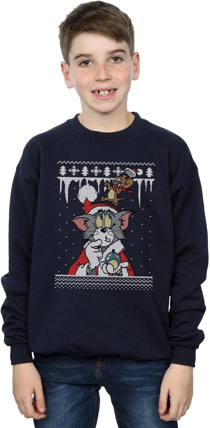 TOM and JERRY Boys Christmas Fair Isle Sweatshirt 7-8 Years Navy Blue