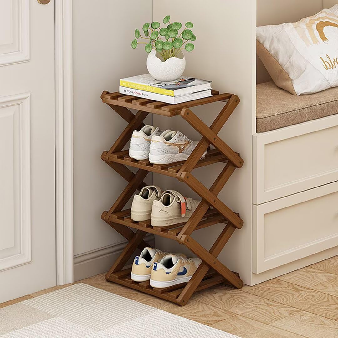Tielag Vertical Shoe Rack Folding 4 Tier, Narrow Shoe Storage Rack, Bamboo Shoe Shelf, Tall Shoe Stand, Without Installation, Shoes Racks Small for Corridors, Entrance and Small Spaces, Brown