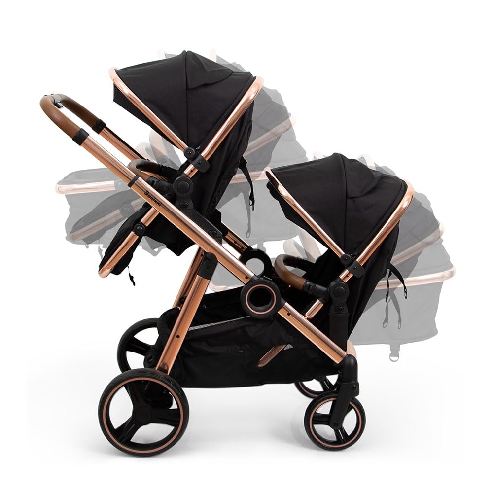 Baninni Doppel-Kinderwagen Duett Luiz – Sitze umwandelbar in eine Babywanne – Einzel- oder Doppelnutzung – von Geburt bis 36 kg – Sitze wendbar – Roségoldfarben