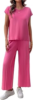 Conjunto de 2 piezas para mujer, conjunto de jersey de punto de verano, informal, elegante, cintura y pantalones, conjuntos de salón de un solo color, 2 piezas