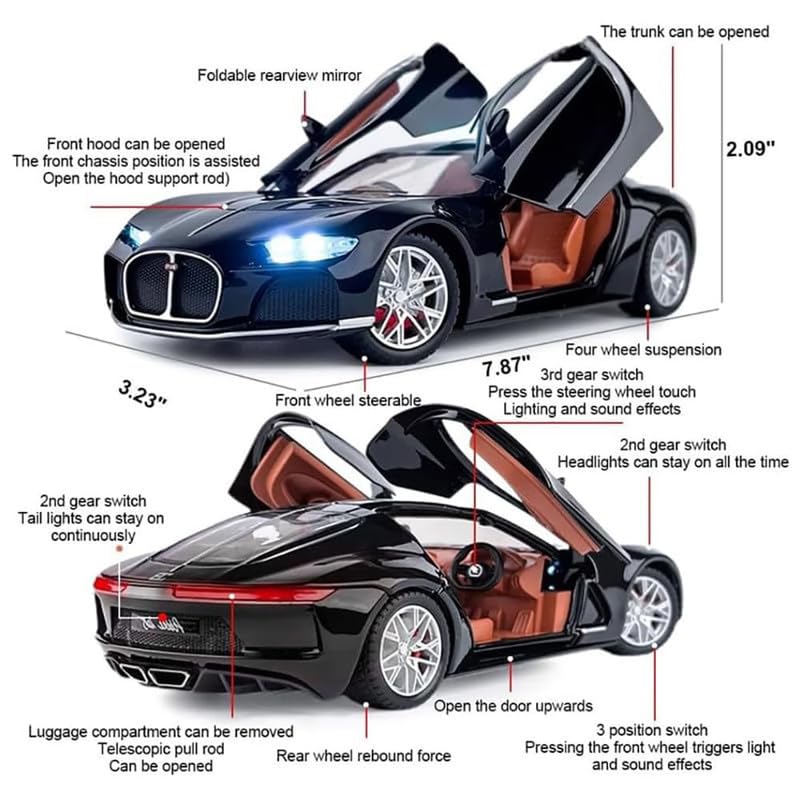 Image of Kids Model 1:24 Bugatti Atlantic Die Cast Metal Car Pull Back Action Opening Doors with Realistic Engine Sound Lights Toy Car Gift for Boys - Black