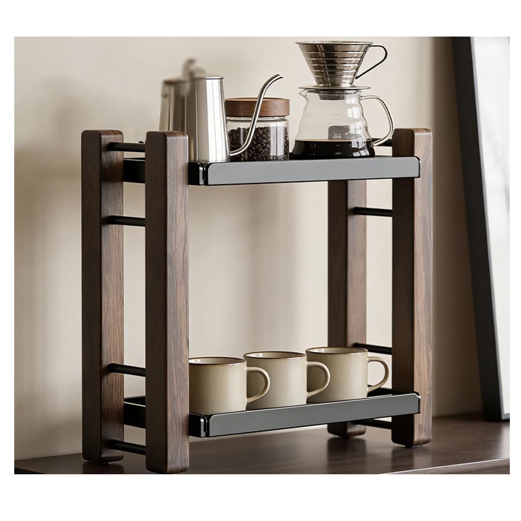 Estante expositor de tazas de café, soporte de madera de 2 niveles para encimera de cocina, oficina en casa, estación de café, bar y organizador de tarros de especias