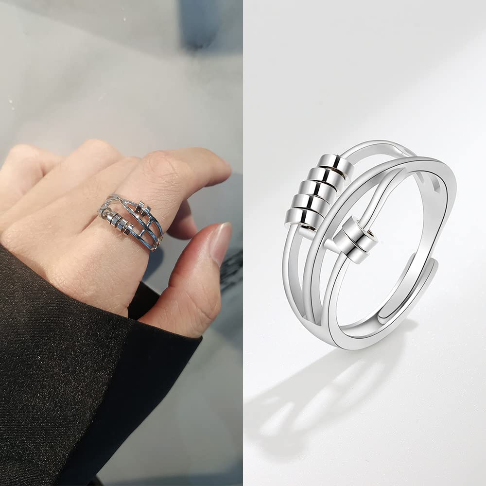 EUDORA Harmony Ball Anello Anti-Stress Anelli in Argento Sterling 925 con Perline Anelli Fidget Regolabili da Donna Anelli Anti Ansia Impilabili Anello per Ragazze Anelli Spinner da Donna